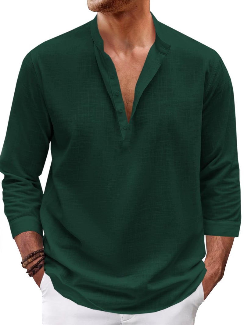 Karlywindow Mens Linen Henley Shirts Long Sleeve Hippie Yoga Summer Beach Casual Henleys T-Shirt Green - Image 1